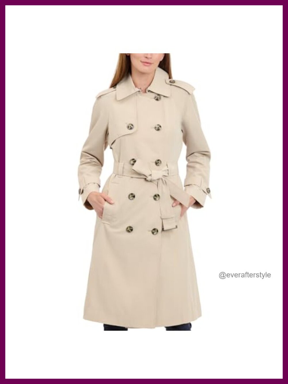 Women's Double-Breasted Trench Coat Belted Zip-Off Hood 3/4 Length